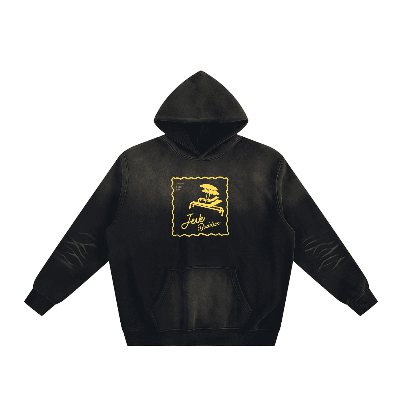 FETISHISTO black fetish fashion hoodie with yellow graphic logo and front pocket