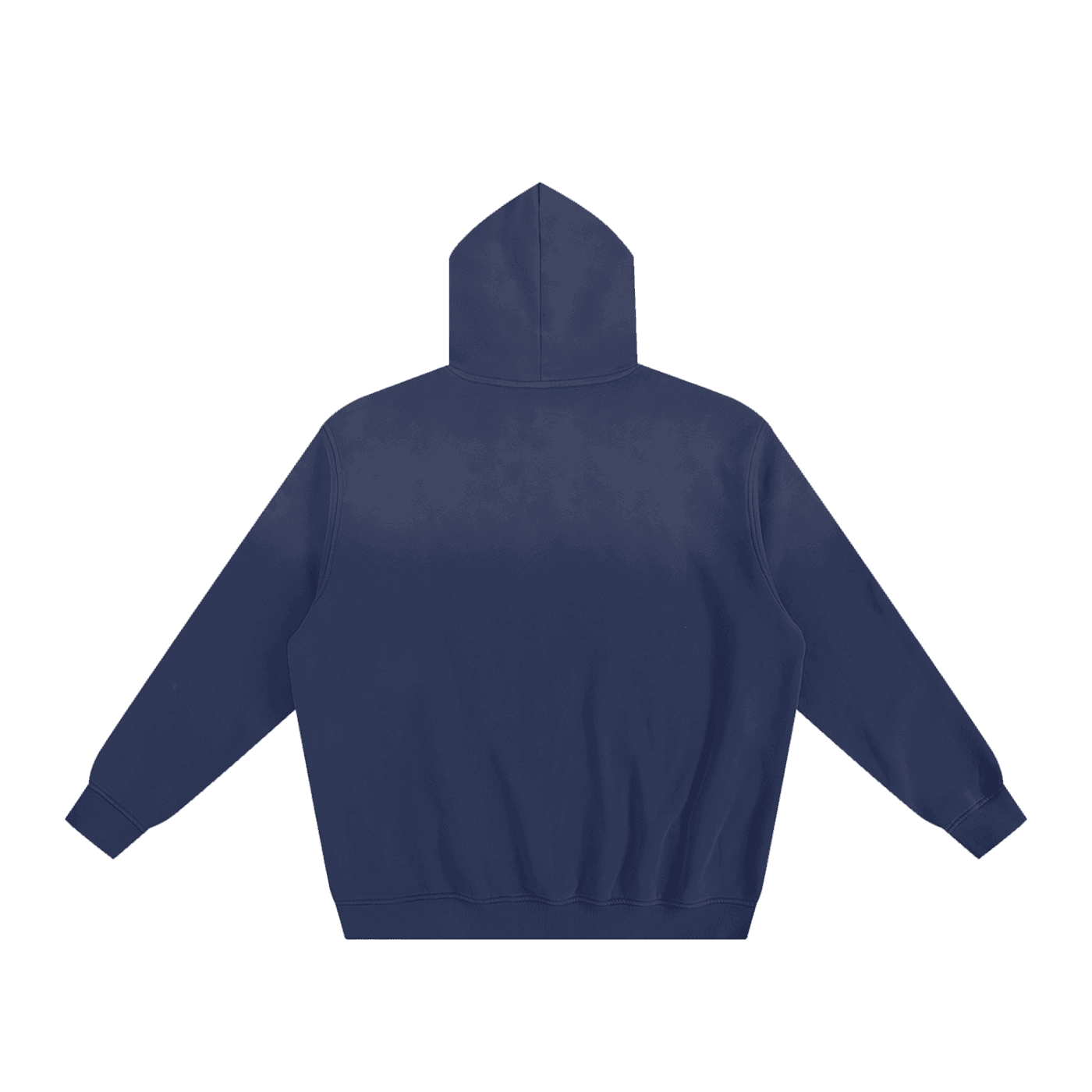 Back view of navy blue fetish fashion hoodie with long sleeves and hood by FETISHISTO