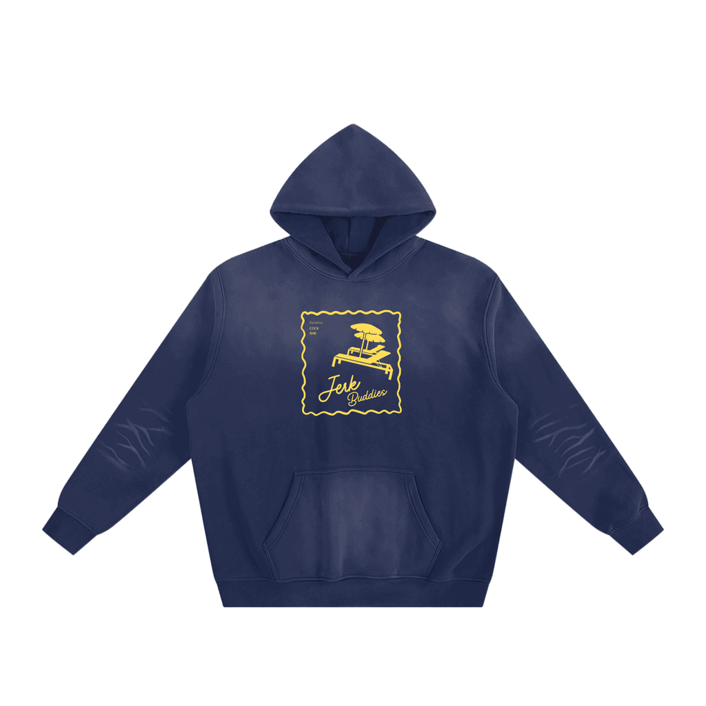 FETISHISTO navy blue fetish fashion hoodie with yellow graphic design and front pocket