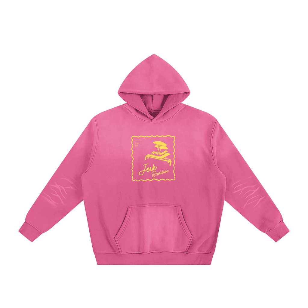 FETISHISTO pink fetish fashion hoodie with yellow graphic and front kangaroo pocket