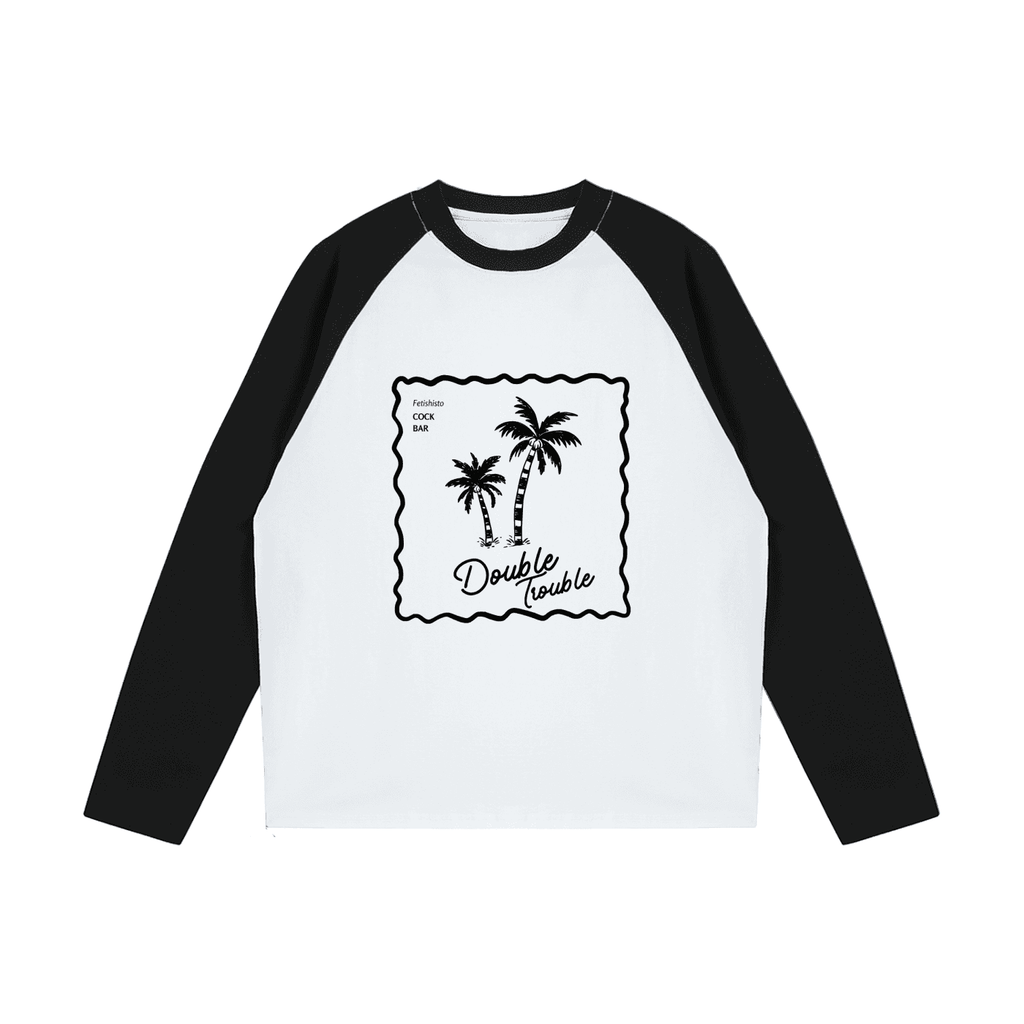 FETISHISTO fetish fashion raglan long sleeve shirt with black sleeves and double trouble palm tree graphic