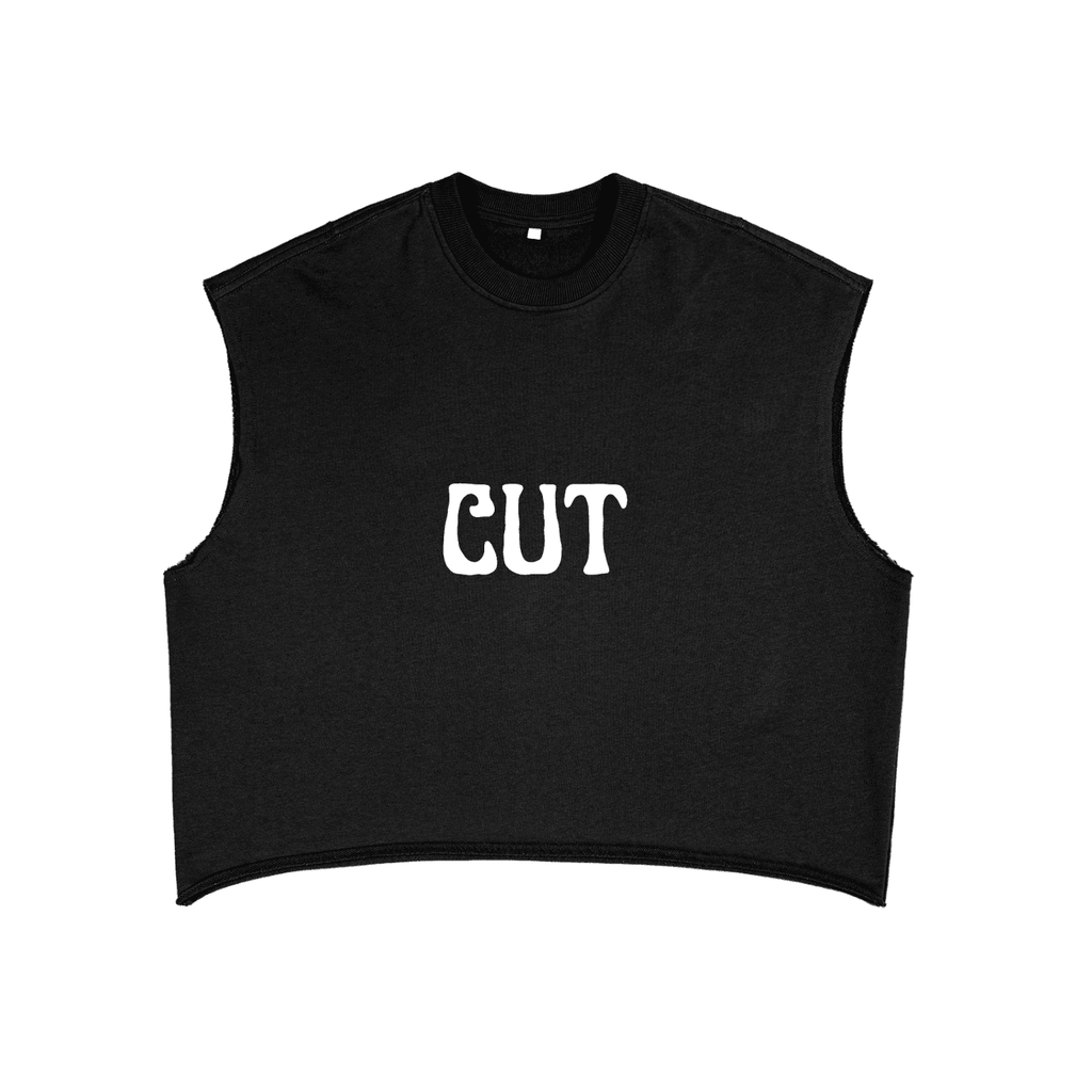 Black FetishistO sleeveless crop top with white CUT text in bold font fetish fashion tank top