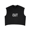 Black FetishistO sleeveless crop top with white CUT text in bold font fetish fashion tank top