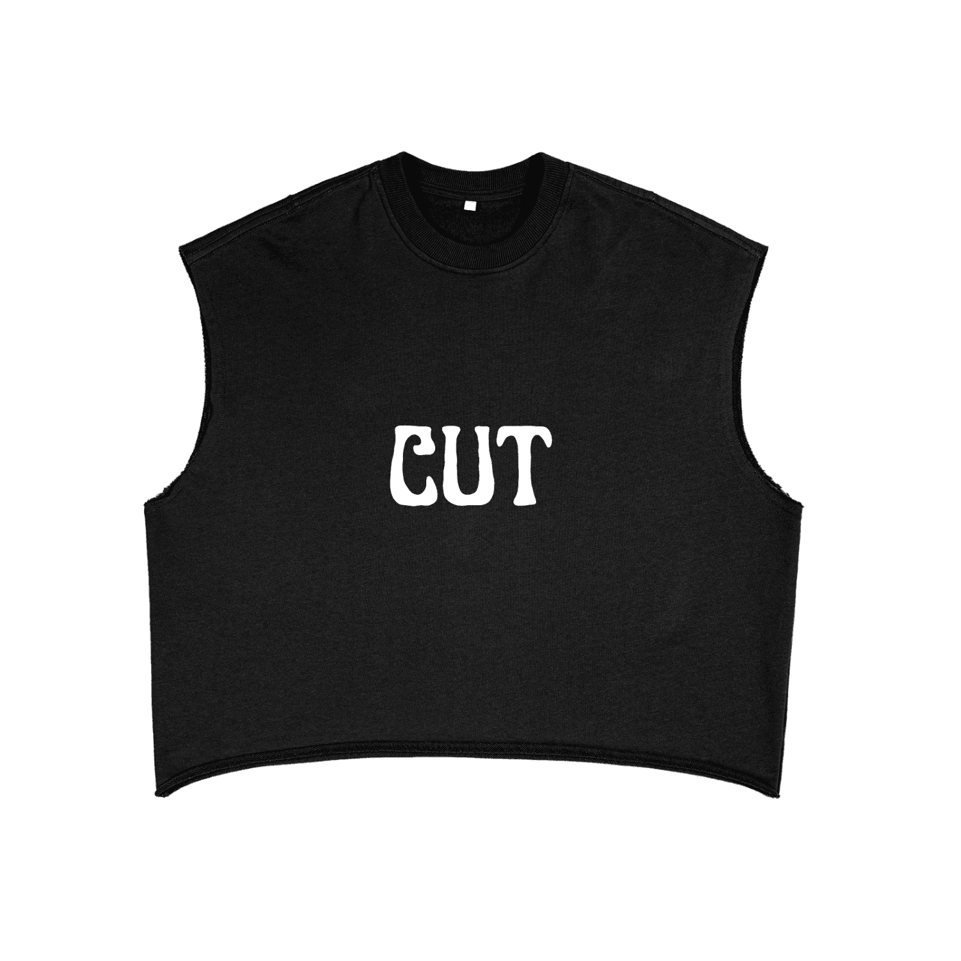 Black FetishistO sleeveless crop top with white CUT text in bold font fetish fashion tank top