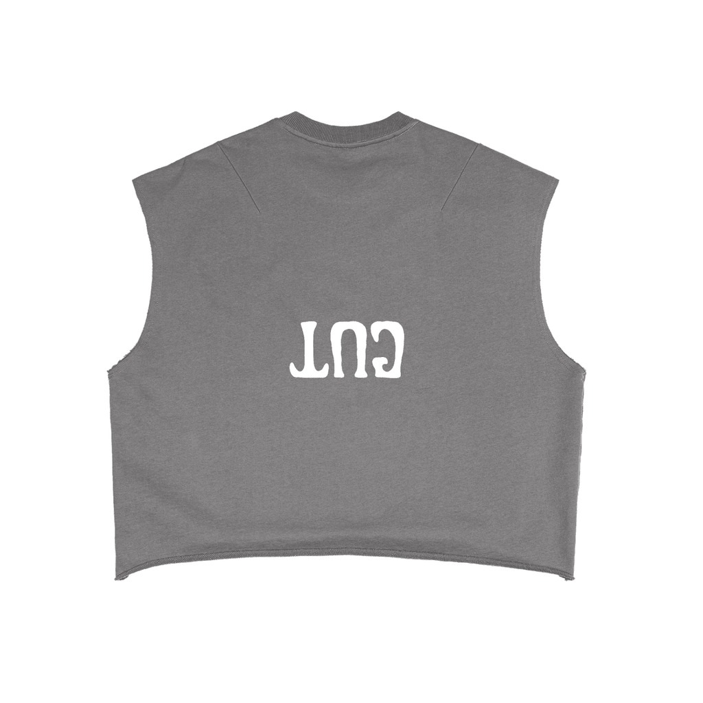 FETISHISTO gray cropped sleeveless fetish fashion tank top with upside down white text on back