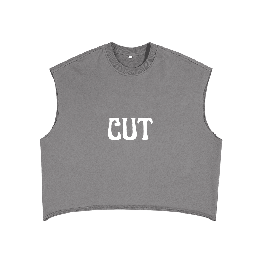 Gray sleeveless cropped fetish fashion tank top with white CUT lettering on front