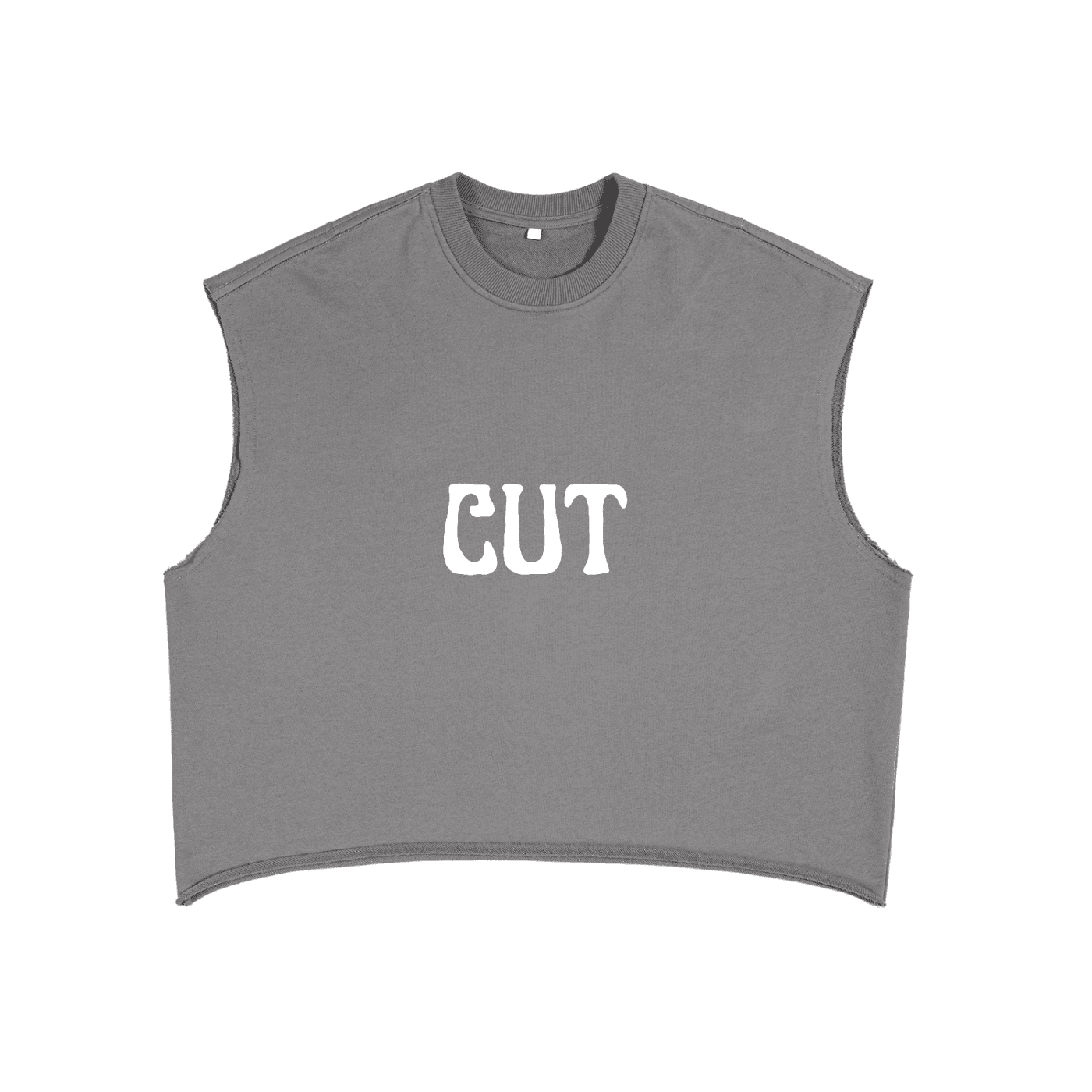 Gray sleeveless cropped fetish fashion tank top with white CUT lettering on front
