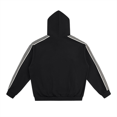 Black fetish hoodie with side stripes featuring a hood and ribbed cuffs by FETISHISTO