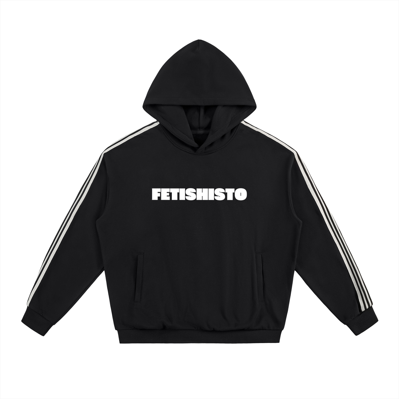 FETISHISTO black fetish hoodie with side stripes and front logo print in white