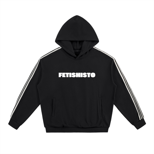 FETISHISTO black fetish hoodie with side stripes and front logo print in white
