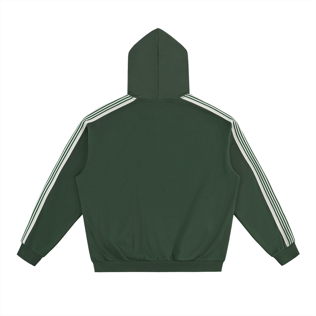 Green fetish hoodie with side stripes featuring a hood and ribbed cuffs and hem