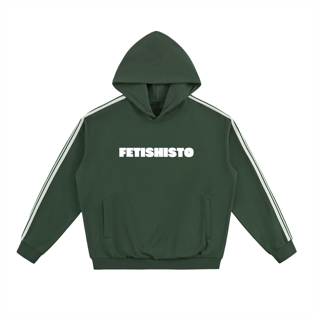 Green fetish hoodie with side stripes and white Fetishisto logo on the chest