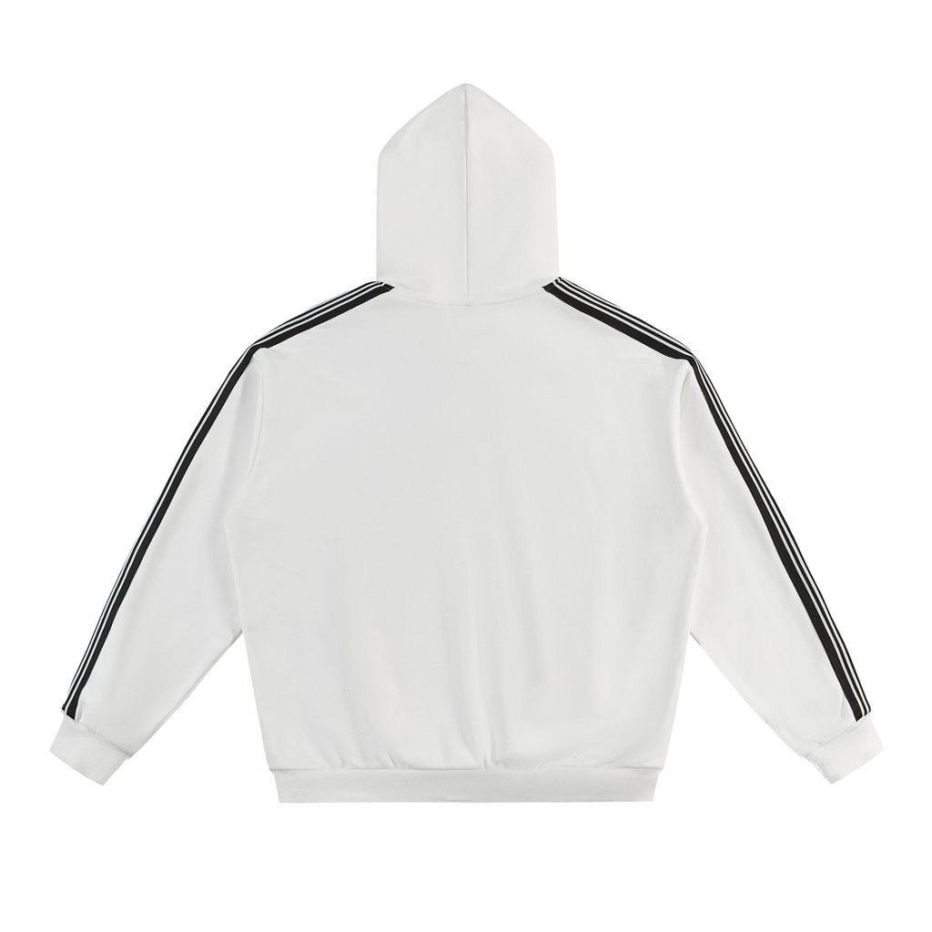 White fetish hoodie with side stripes in black running along the sleeves from FETISHISTO