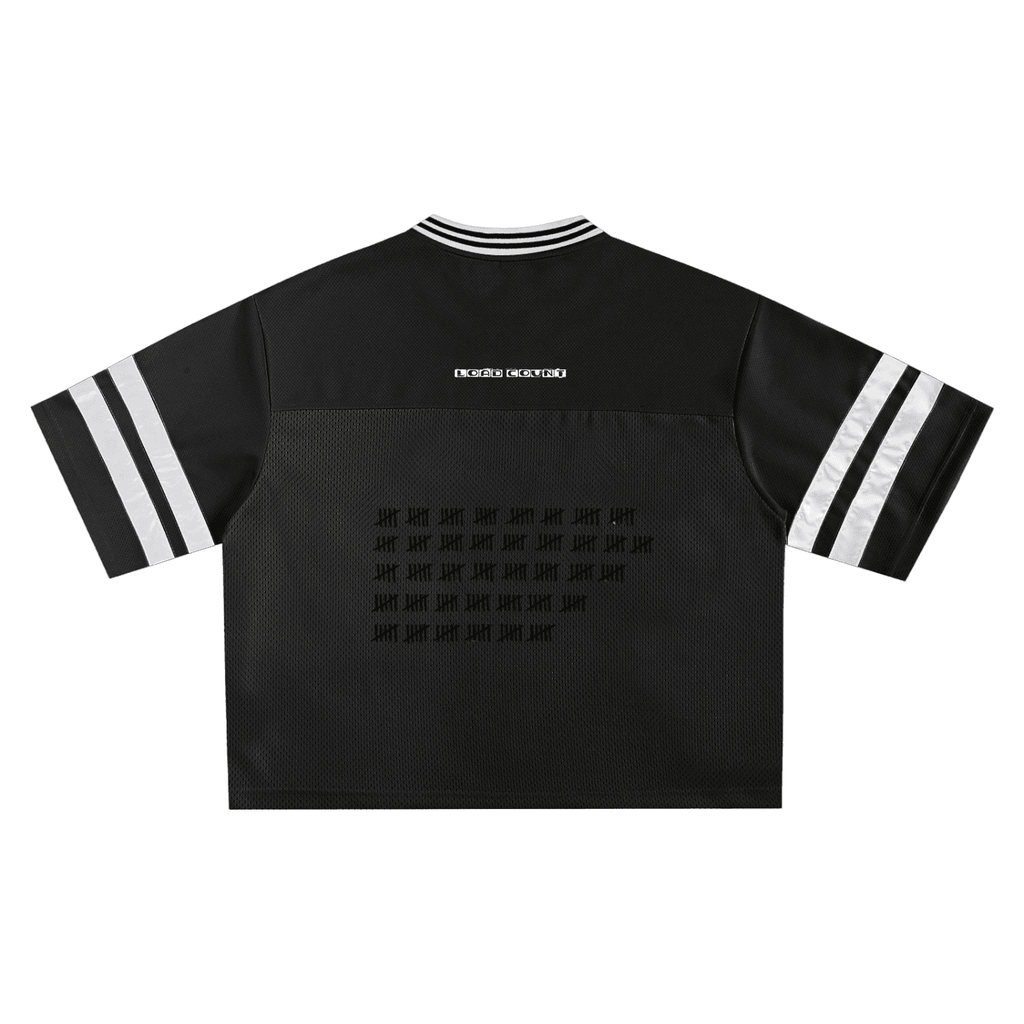 FETISHISTO black fetish mesh boxy t-shirt with white stripes on sleeves and small logo on back