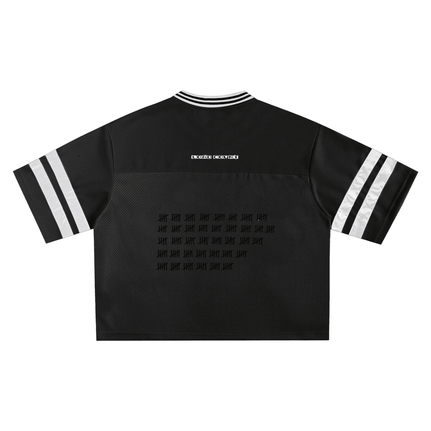 FETISHISTO black fetish mesh boxy t-shirt with white stripes on sleeves and small logo on back
