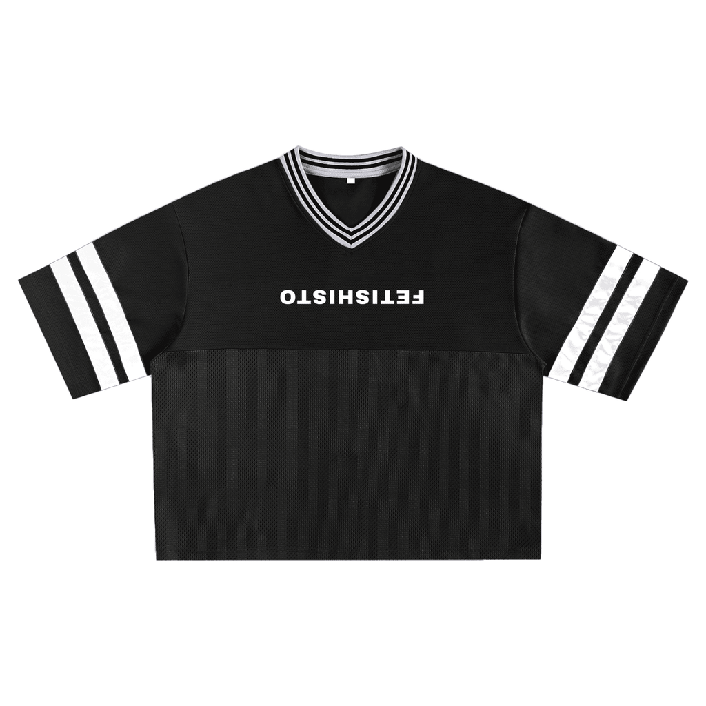 Black fetish mesh boxy t-shirt with white striped sleeves and inverted FETISHISTO logo on front
