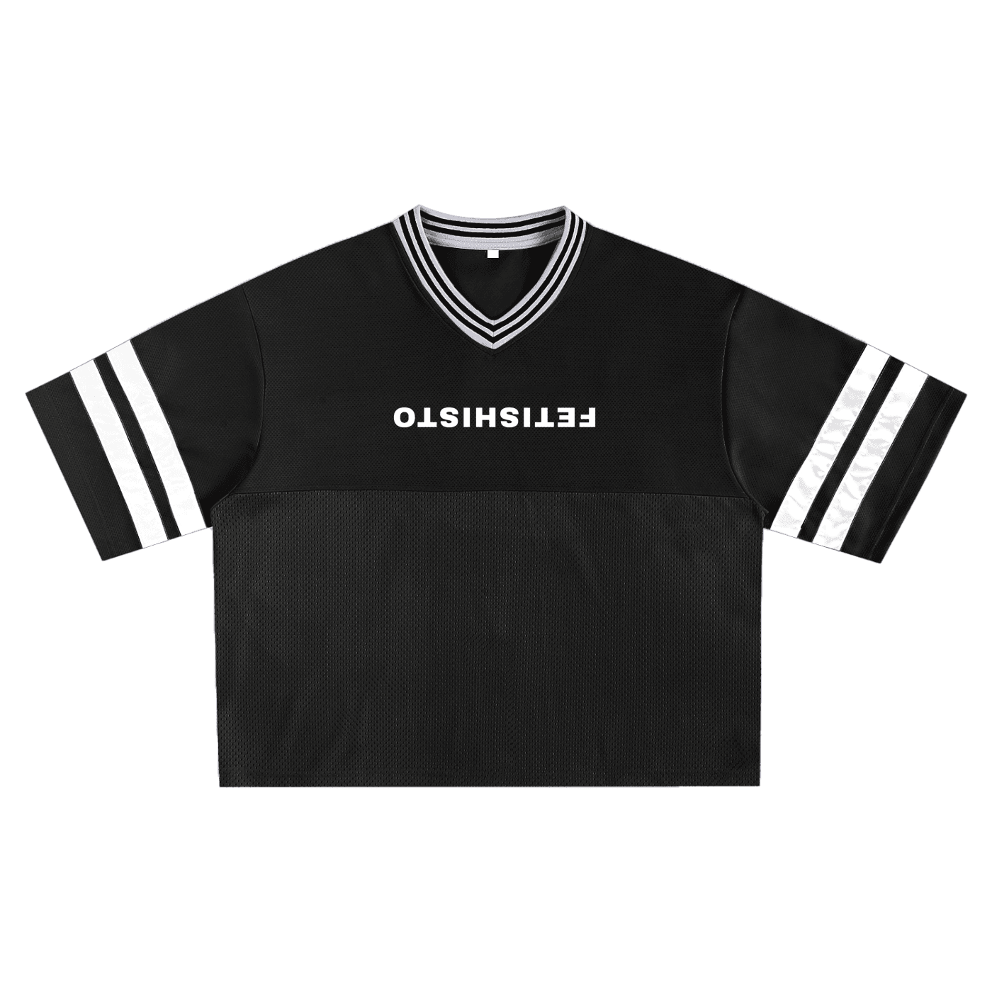 Black fetish mesh boxy t-shirt with white striped sleeves and inverted FETISHISTO logo on front