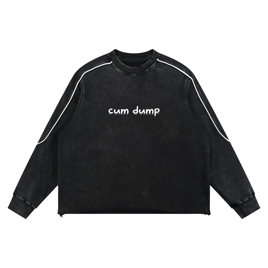 FETISHISTO black fetish raw hem sweatshirt with white text and contrast piping on sleeves