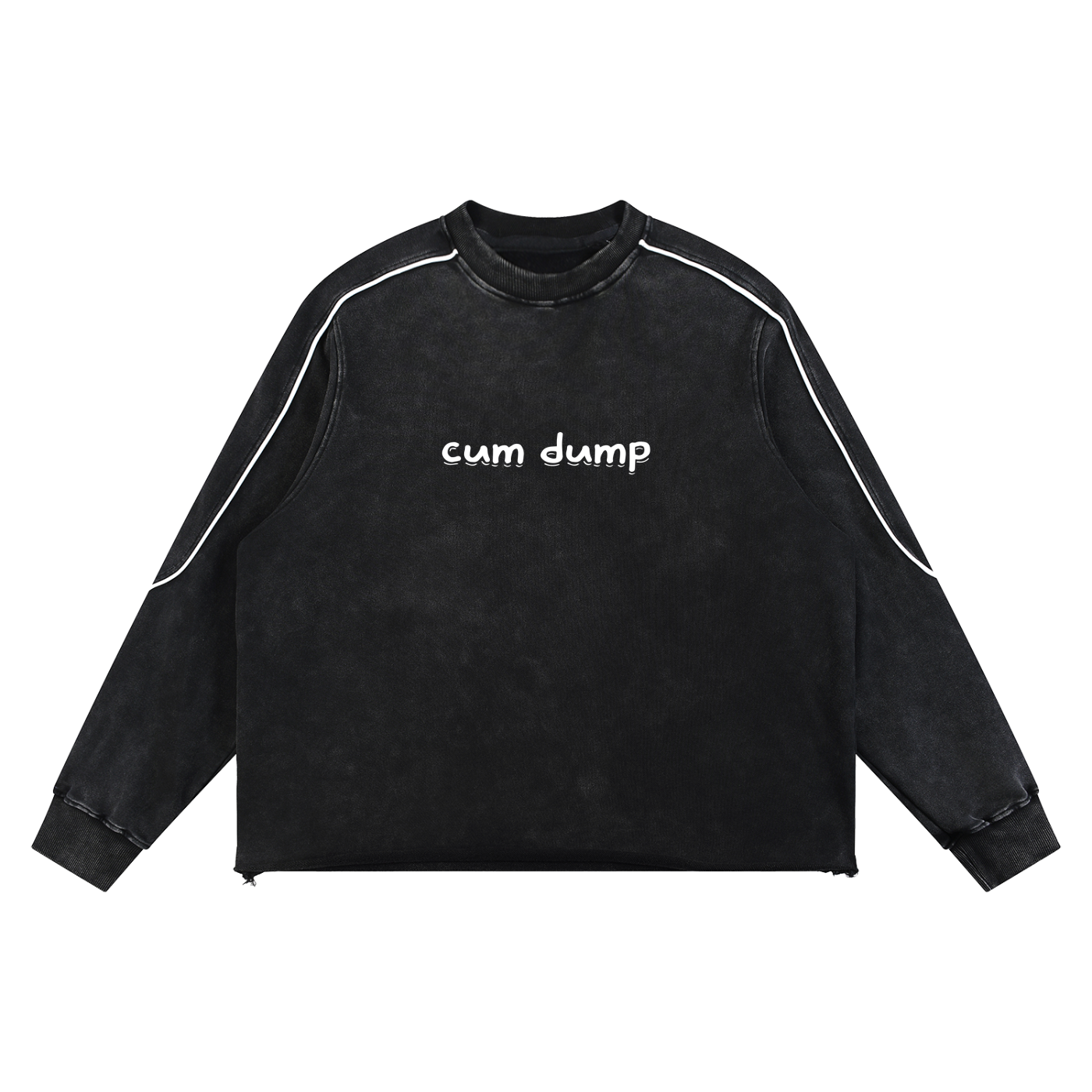 FETISHISTO black fetish raw hem sweatshirt with white text and contrast piping on sleeves