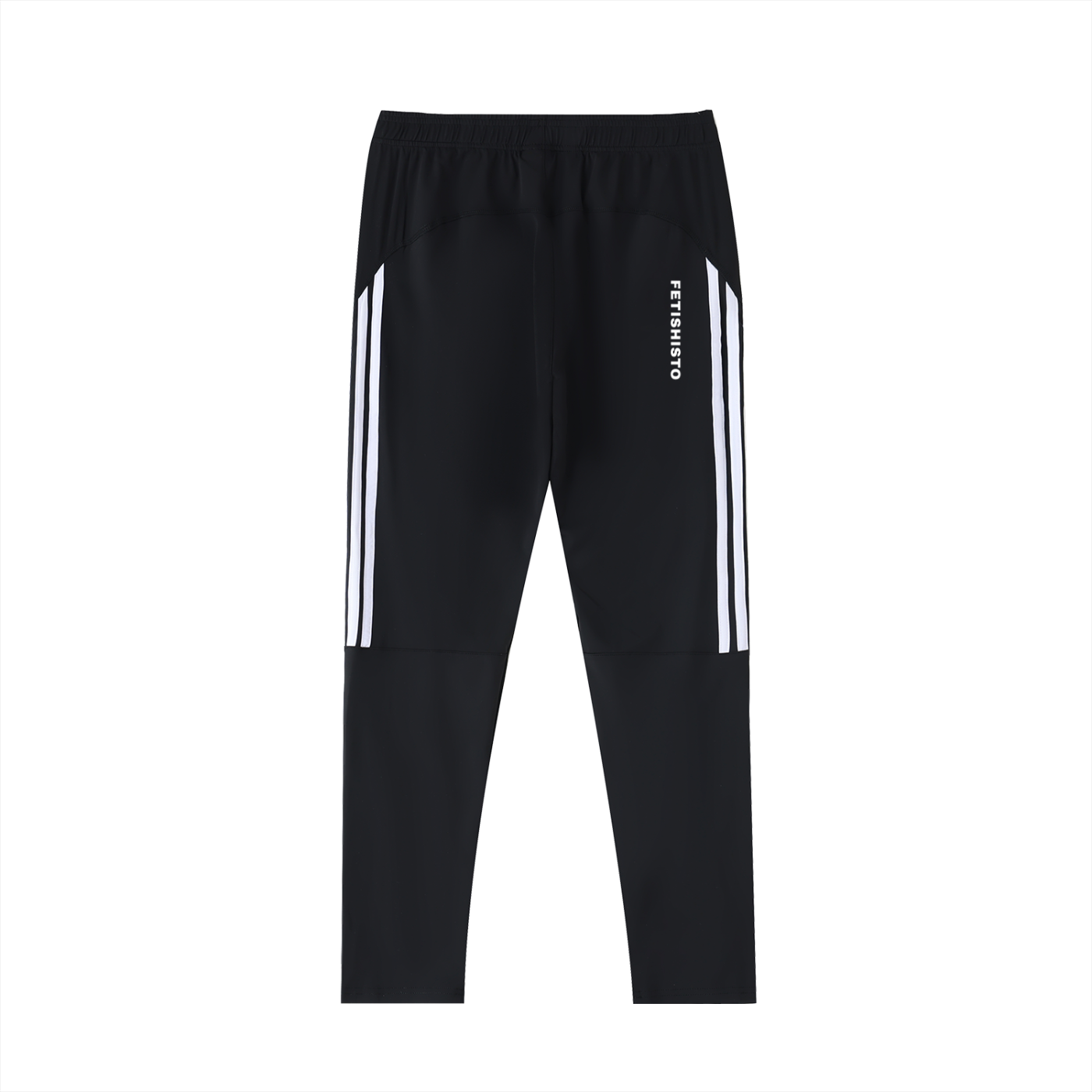 Black fetish running pants by FETISHISTO with white side stripes and elastic waistband