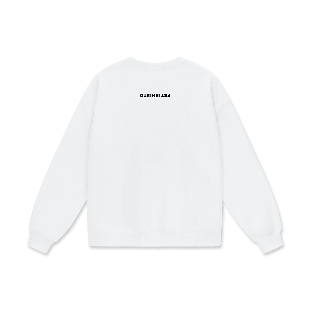 FETISHISTO white fetish sweatshirt heavyweight with black logo text on the back near the neckline