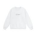 White fetish sweatshirt heavyweight with grey CUM text and ribbed cuffs and hem