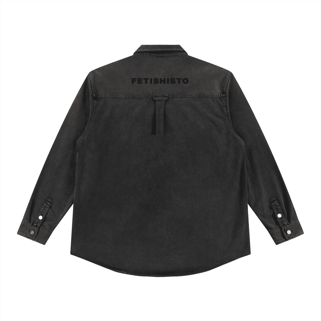 FETISHISTO black denim vintage washed heavyweight jacket showing back with logo and button cuffs