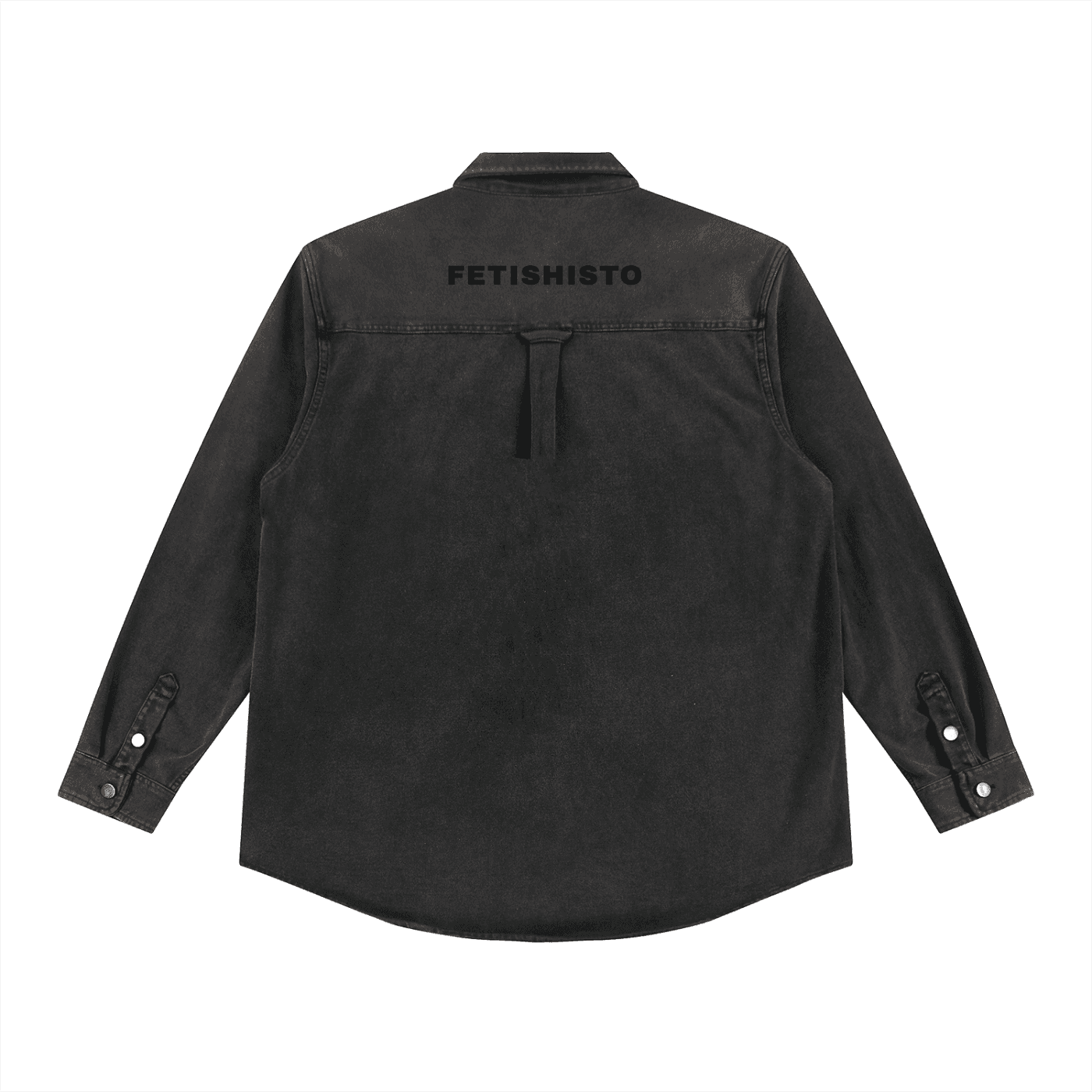 FETISHISTO black denim vintage washed heavyweight jacket showing back with logo and button cuffs