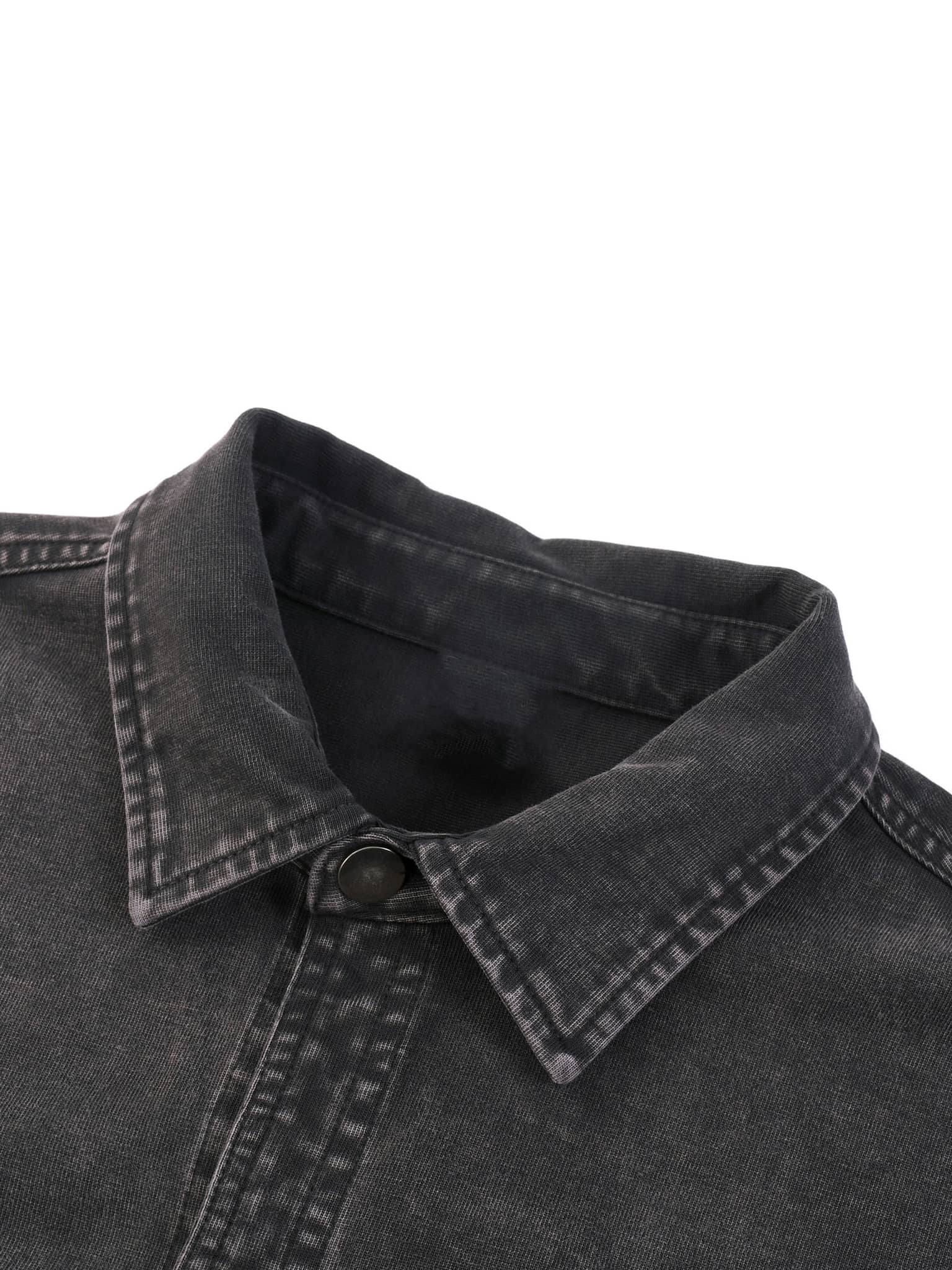 Close-up of collar on denim vintage washed heavyweight jacket by FETISHISTO in faded black