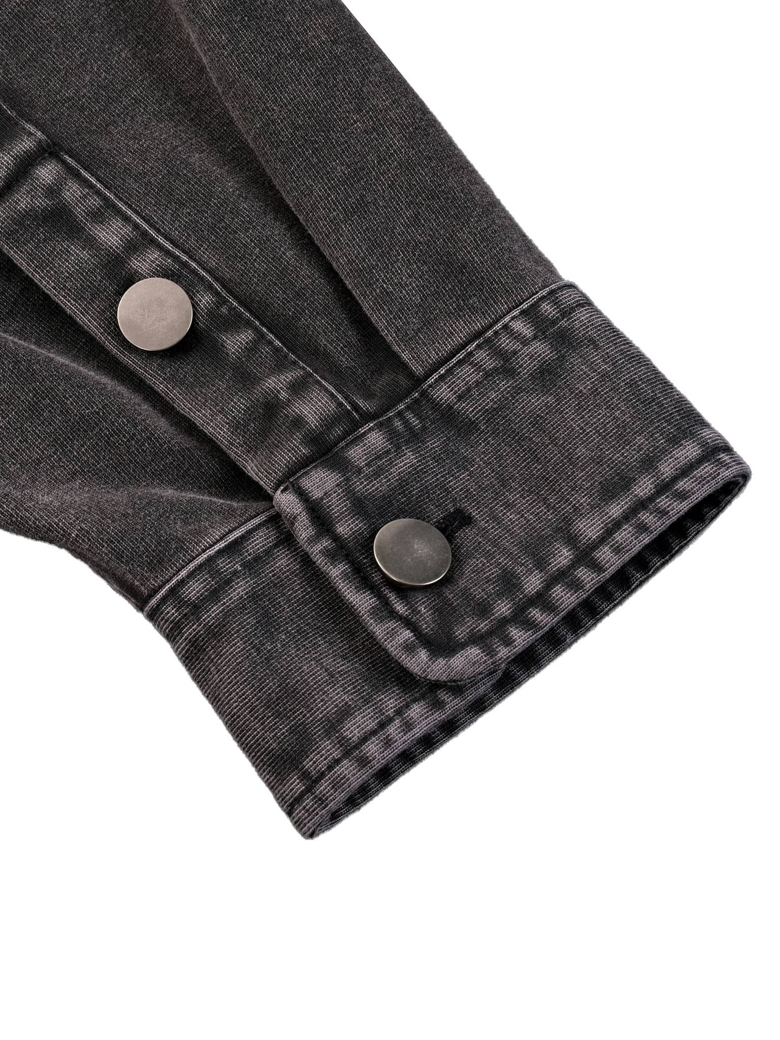 Close-up of cuff with metal buttons on denim vintage washed heavyweight jacket by FETISHISTO