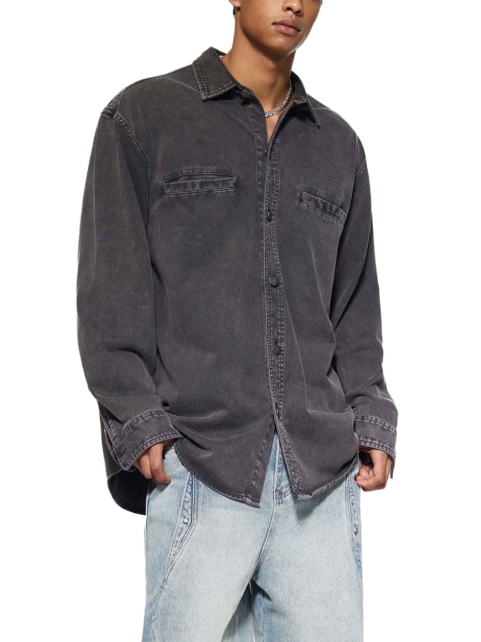 FETISHISTO denim vintage washed heavyweight jacket in dark gray worn with light blue jeans