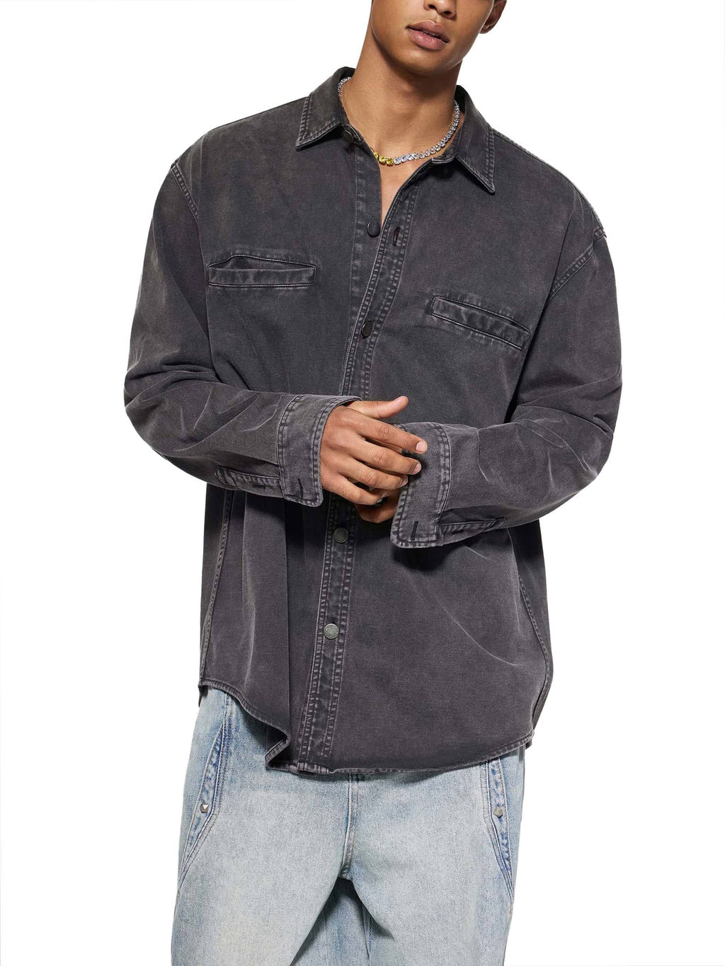 FETISHISTO black denim vintage washed heavyweight jacket with button-up front and chest pockets