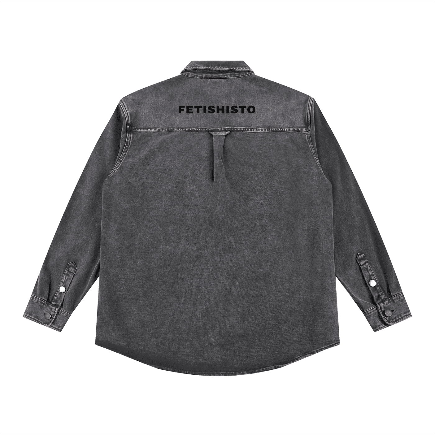 FETISHISTO denim vintage washed heavyweight jacket in charcoal gray shown from the back