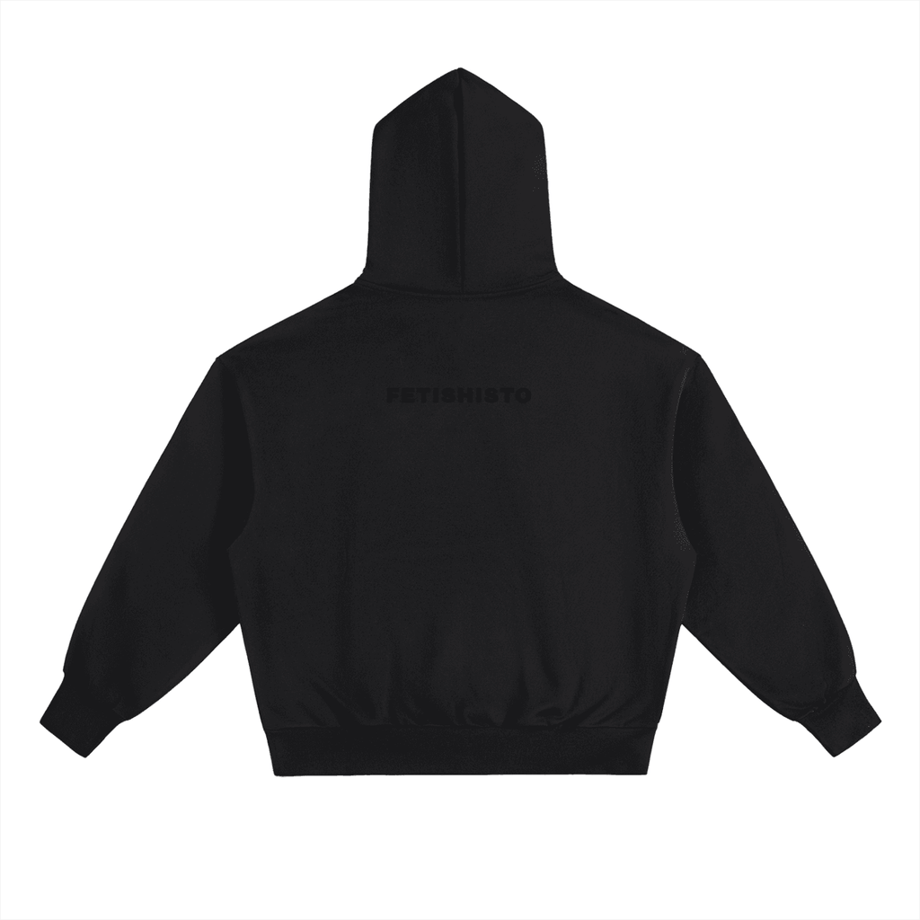 Black heavyweight fleece fetish hoodie with hood and ribbed cuffs shown from the back