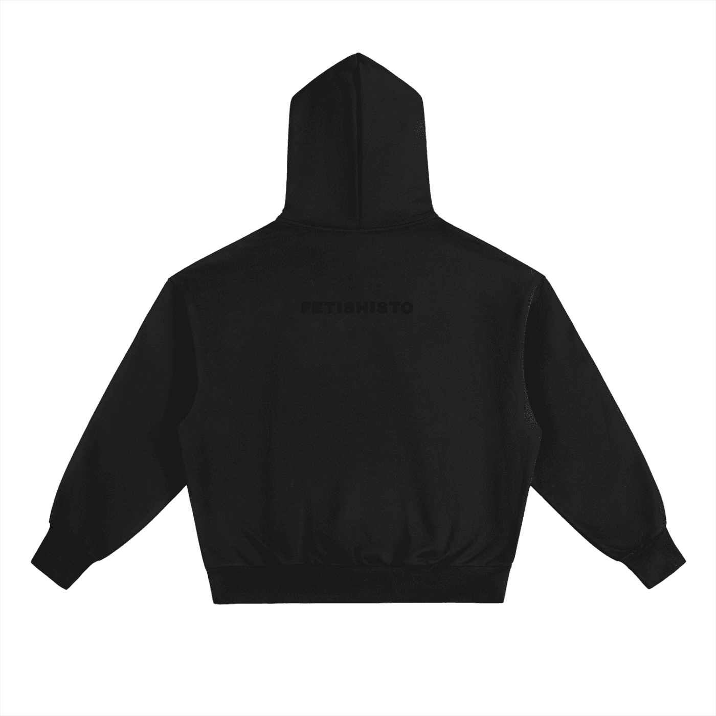 Black heavyweight fleece fetish hoodie with hood and ribbed cuffs shown from the back