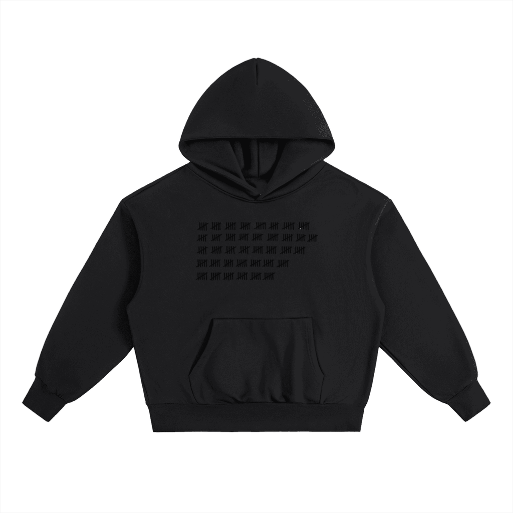 Black heavyweight fleece fetish hoodie with front pocket and subtle embossed design on chest