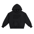 Black heavyweight fleece fetish hoodie with front pocket and subtle embossed design on chest