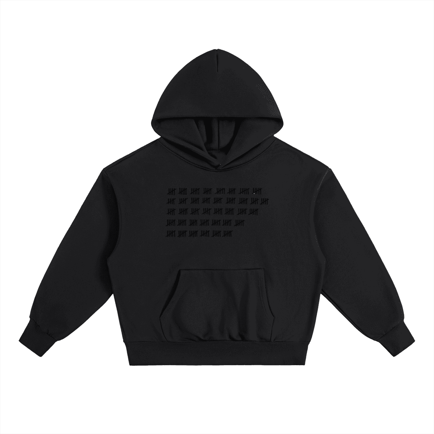 Black heavyweight fleece fetish hoodie with front pocket and subtle embossed design on chest