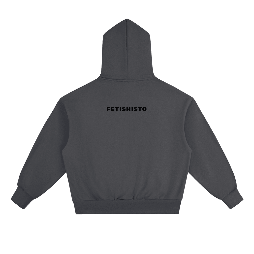 Dark gray heavyweight fleece fetish hoodie by FETISHISTO with a hood and logo on back