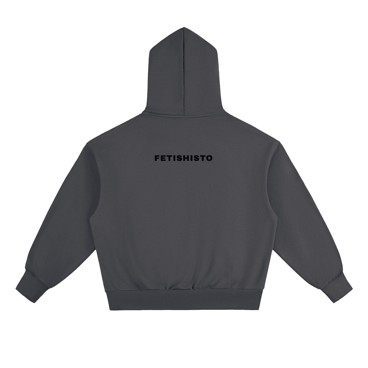 Dark gray heavyweight fleece fetish hoodie by FETISHISTO with a hood and logo on back