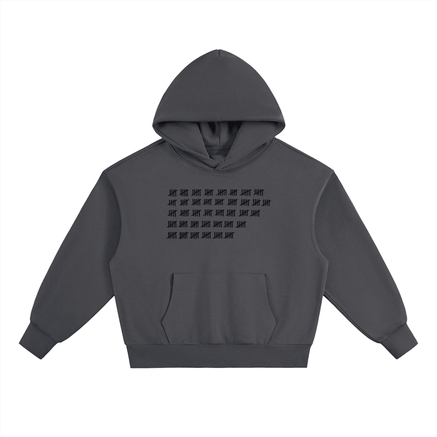 FETISHISTO heavyweight fleece fetish hoodie in dark gray with black tally mark design and front pocket