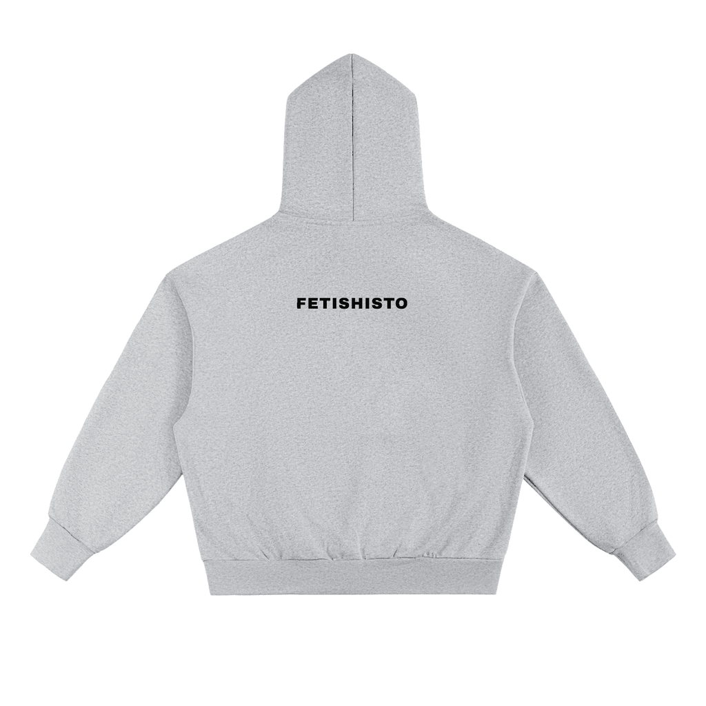 Gray heavyweight fleece fetish hoodie with FETISHISTO logo on the back and ribbed cuffs