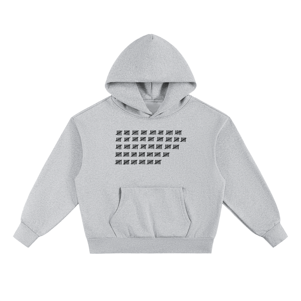 Gray heavyweight fleece fetish hoodie by FETISHISTO with black tally mark design on front