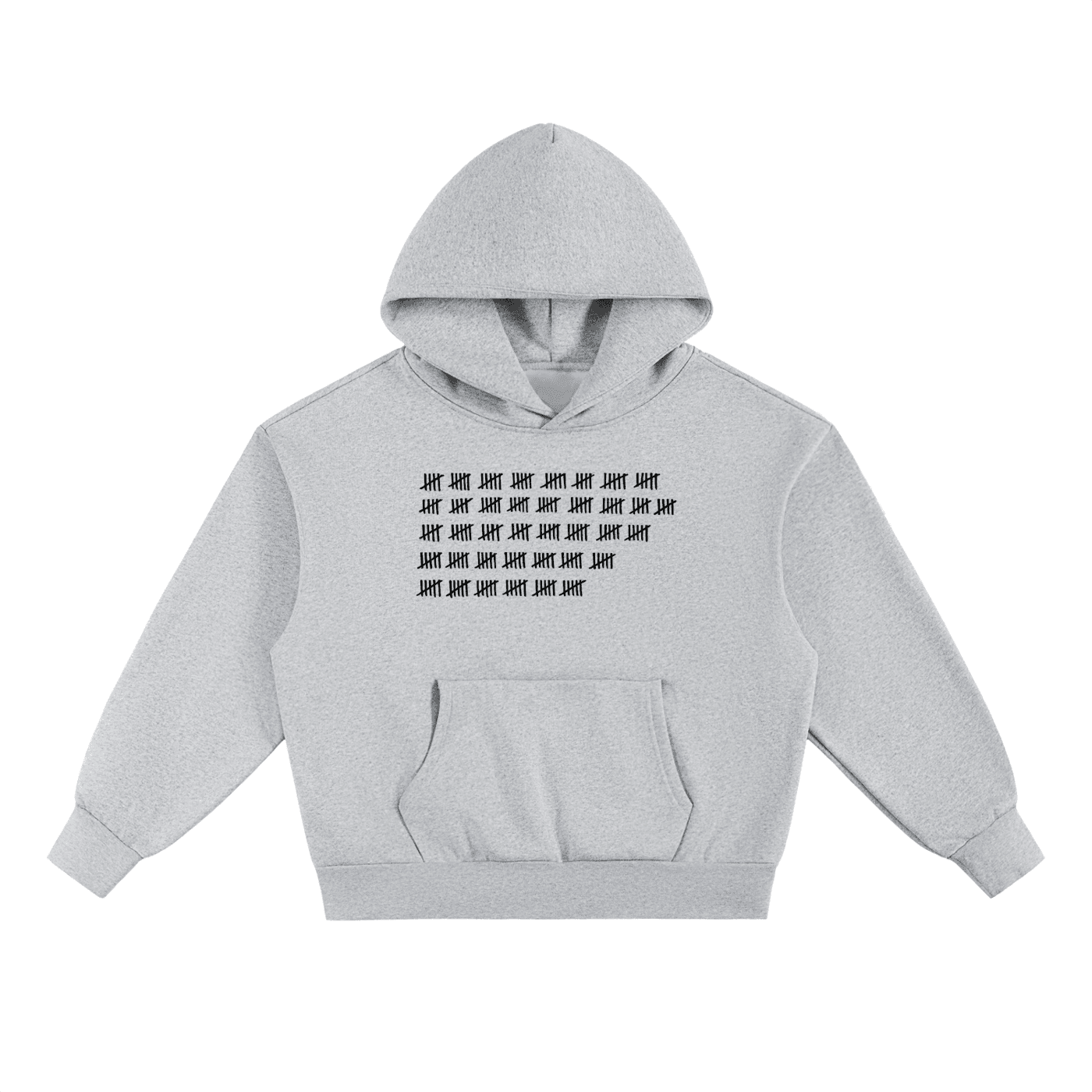 Gray heavyweight fleece fetish hoodie by FETISHISTO with black tally mark design on front