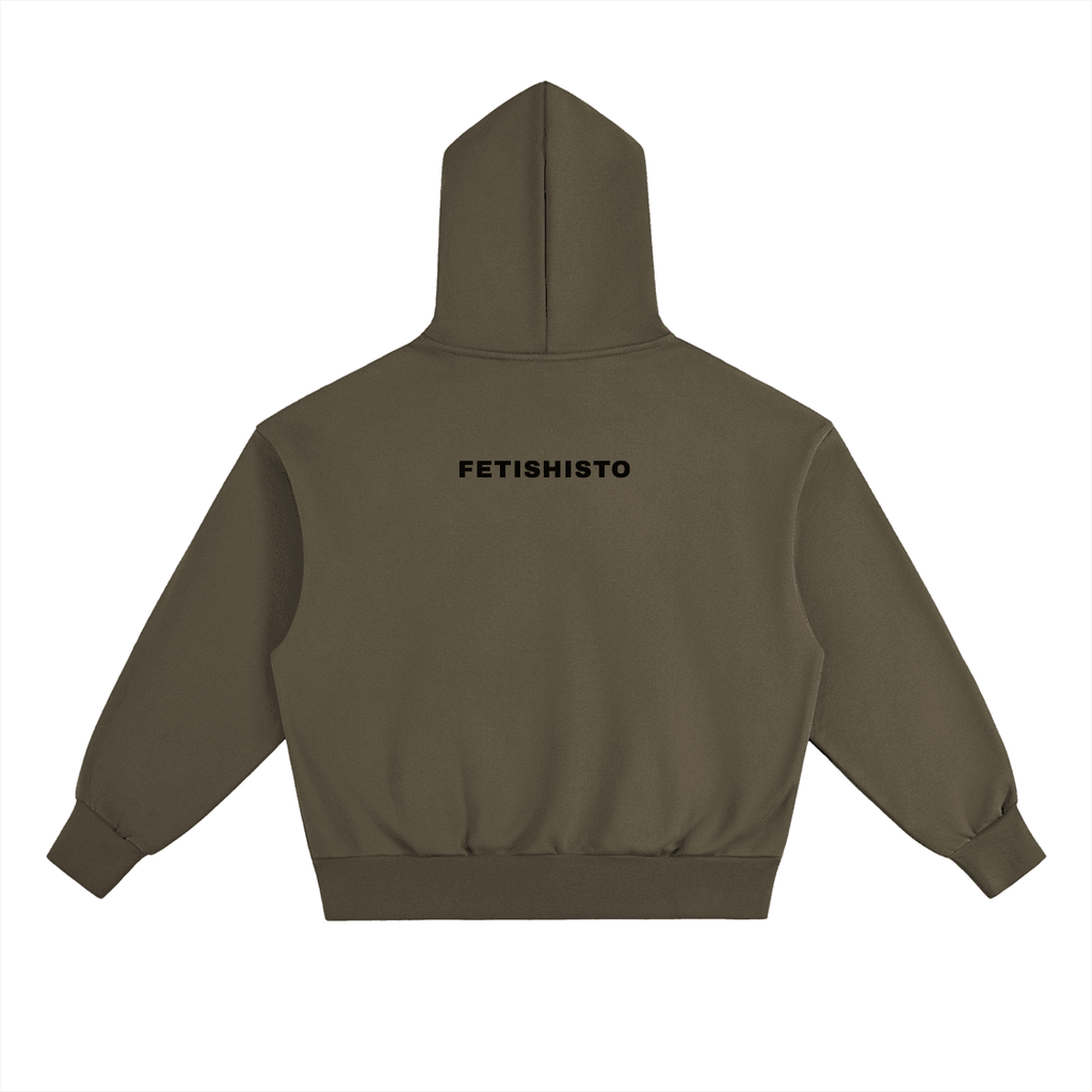 Back view of FETISHISTO heavyweight fleece fetish hoodie in olive green with hood and logo print