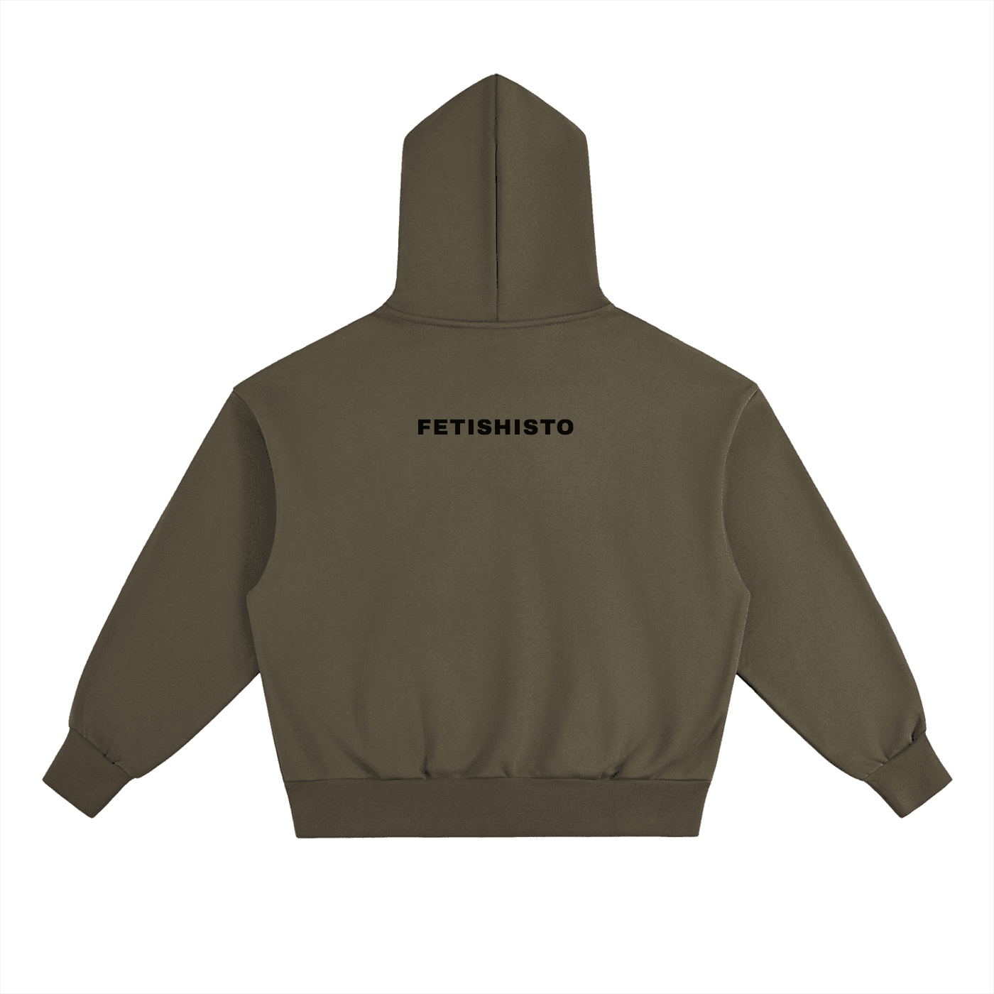 Back view of FETISHISTO heavyweight fleece fetish hoodie in olive green with hood and logo print