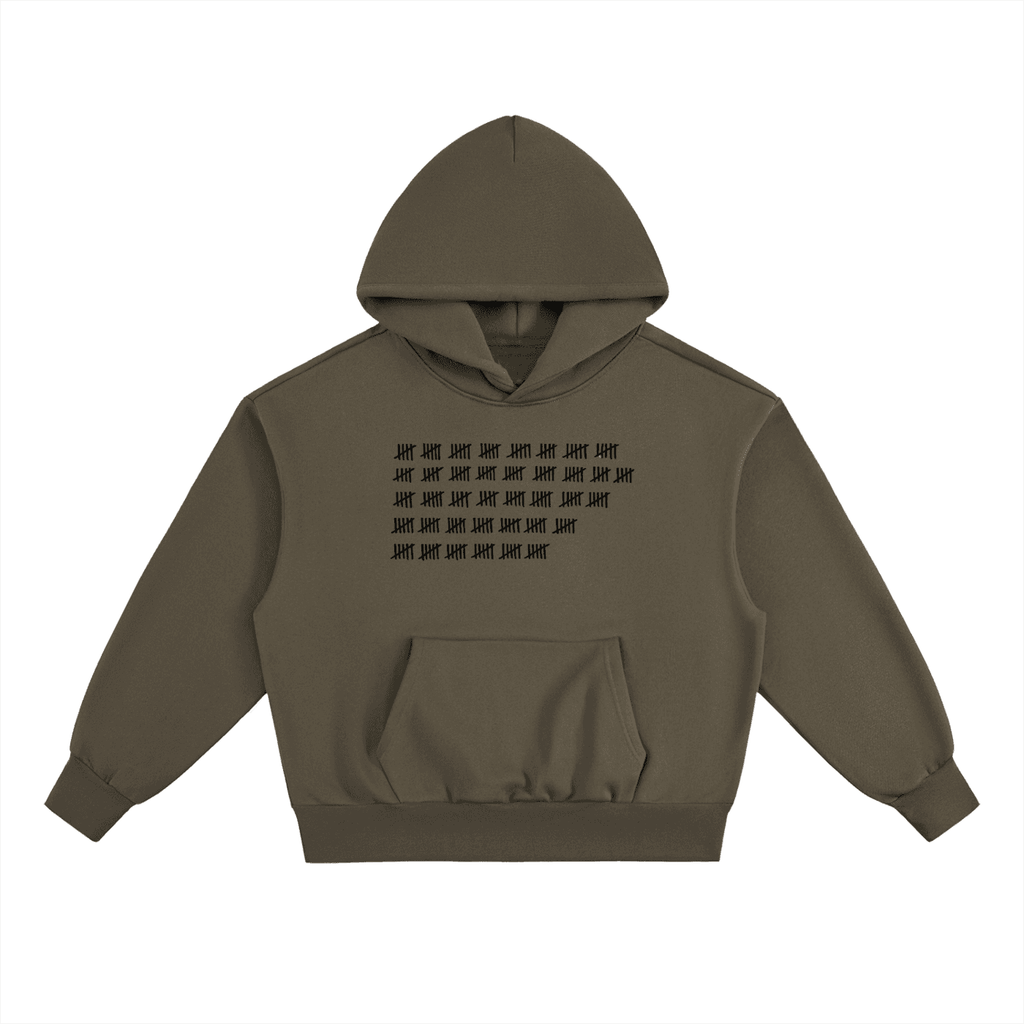 FETISHISTO heavyweight fleece fetish hoodie in olive green with tally mark graphic and front kangaroo pocket