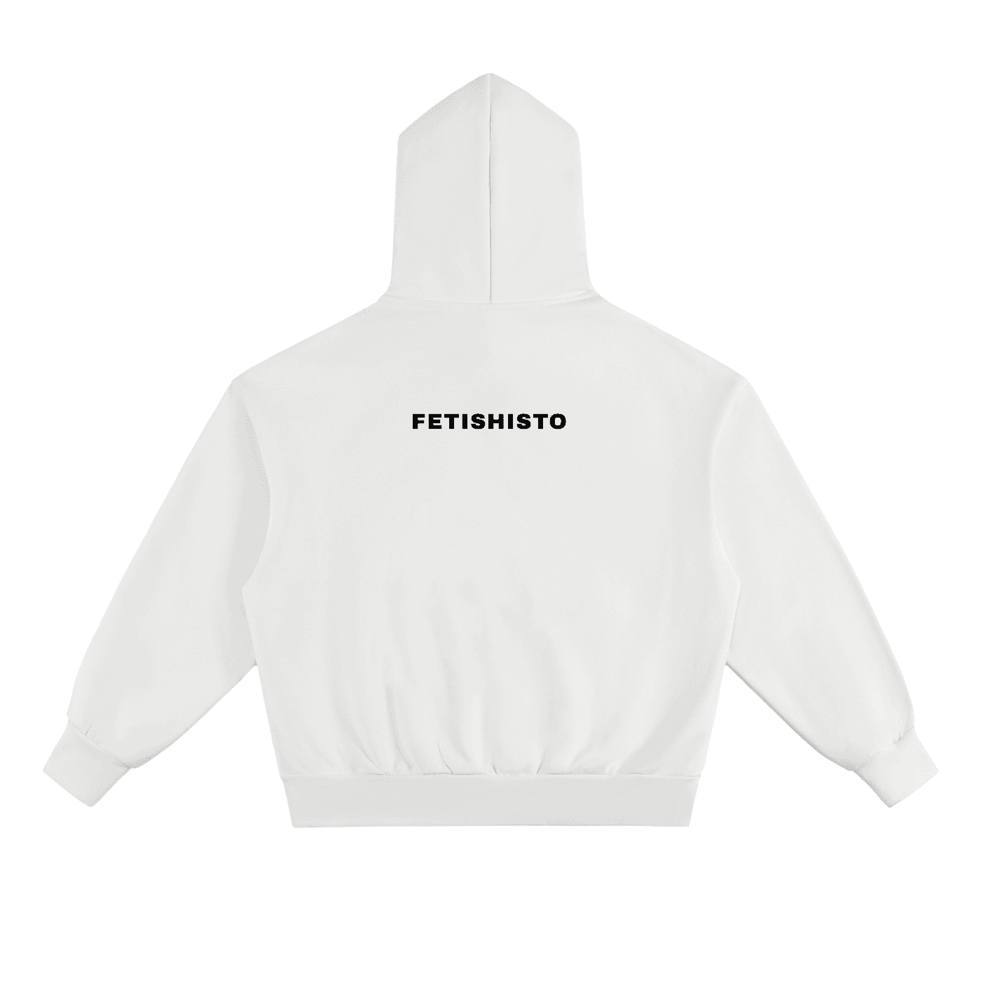 White heavyweight fleece fetish hoodie with FETISHISTO logo on the back and a hood