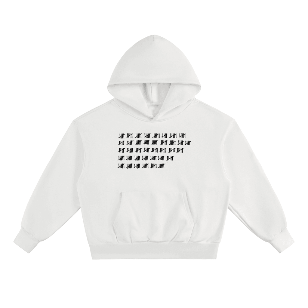 White heavyweight fleece fetish hoodie with black tally mark design on the front and a front kangaroo pocket