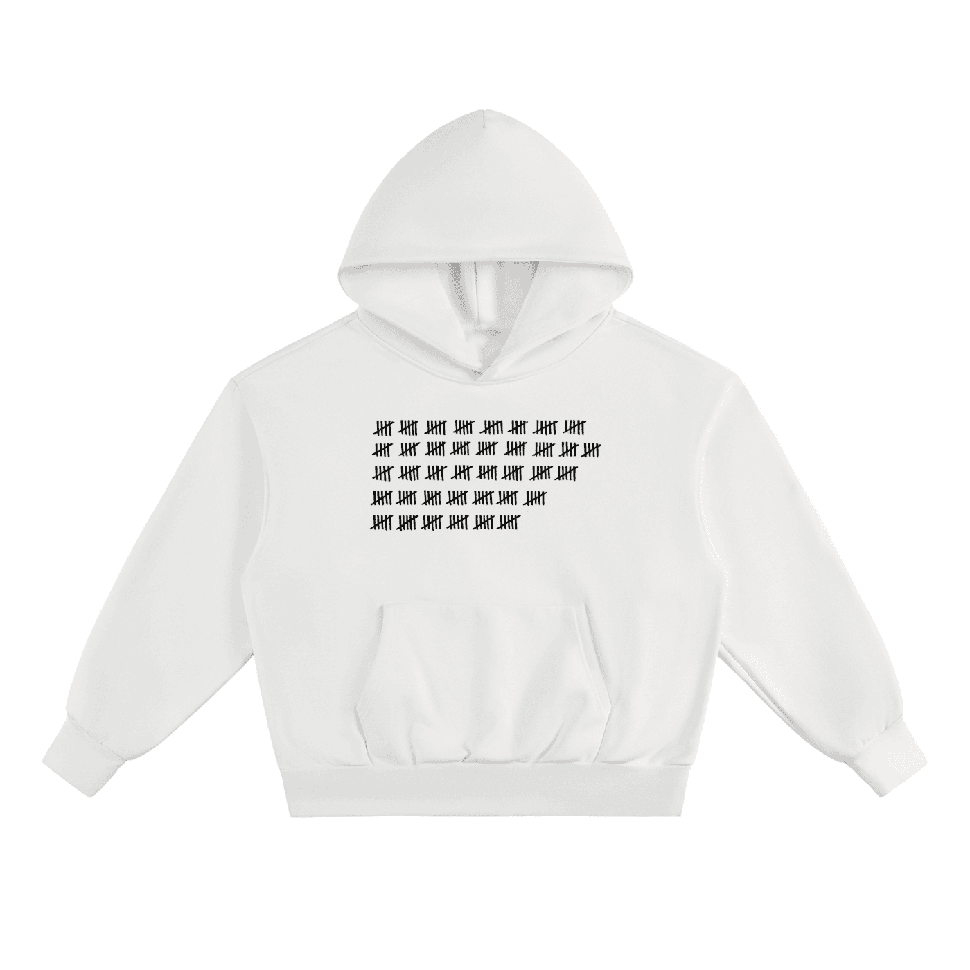 White heavyweight fleece fetish hoodie with black tally mark design on the front and a front kangaroo pocket